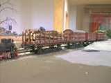 Transport von Normal-Spur Güterwagen auf der Schmalspur. Aus verdrillten Drähten hergestellter Baum-Rohling im Hintergrund. Größe: 37,0 kB